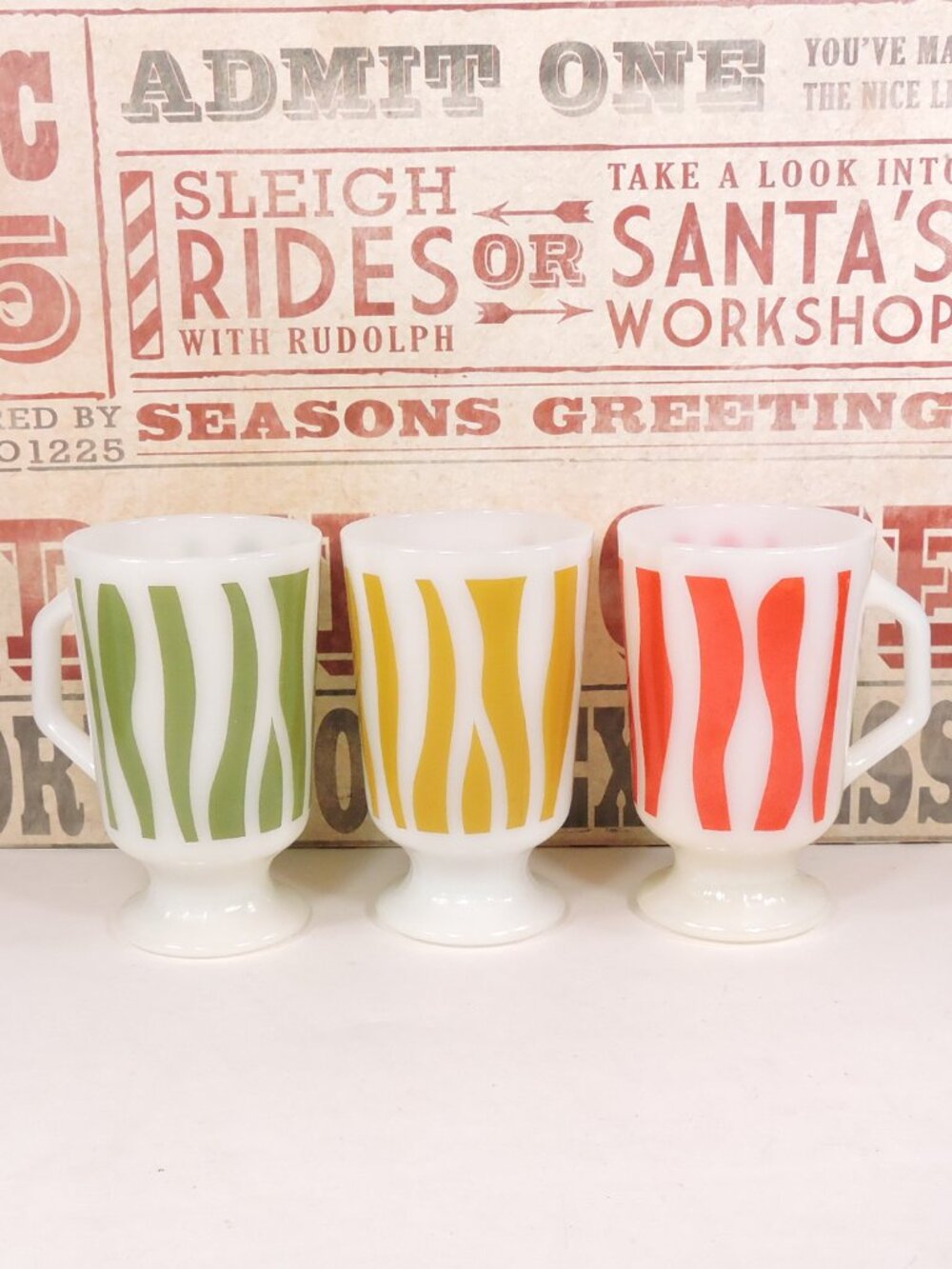 3 Fire King Tall Coffee Mugs - Zebra Stripes - Pedestal Base